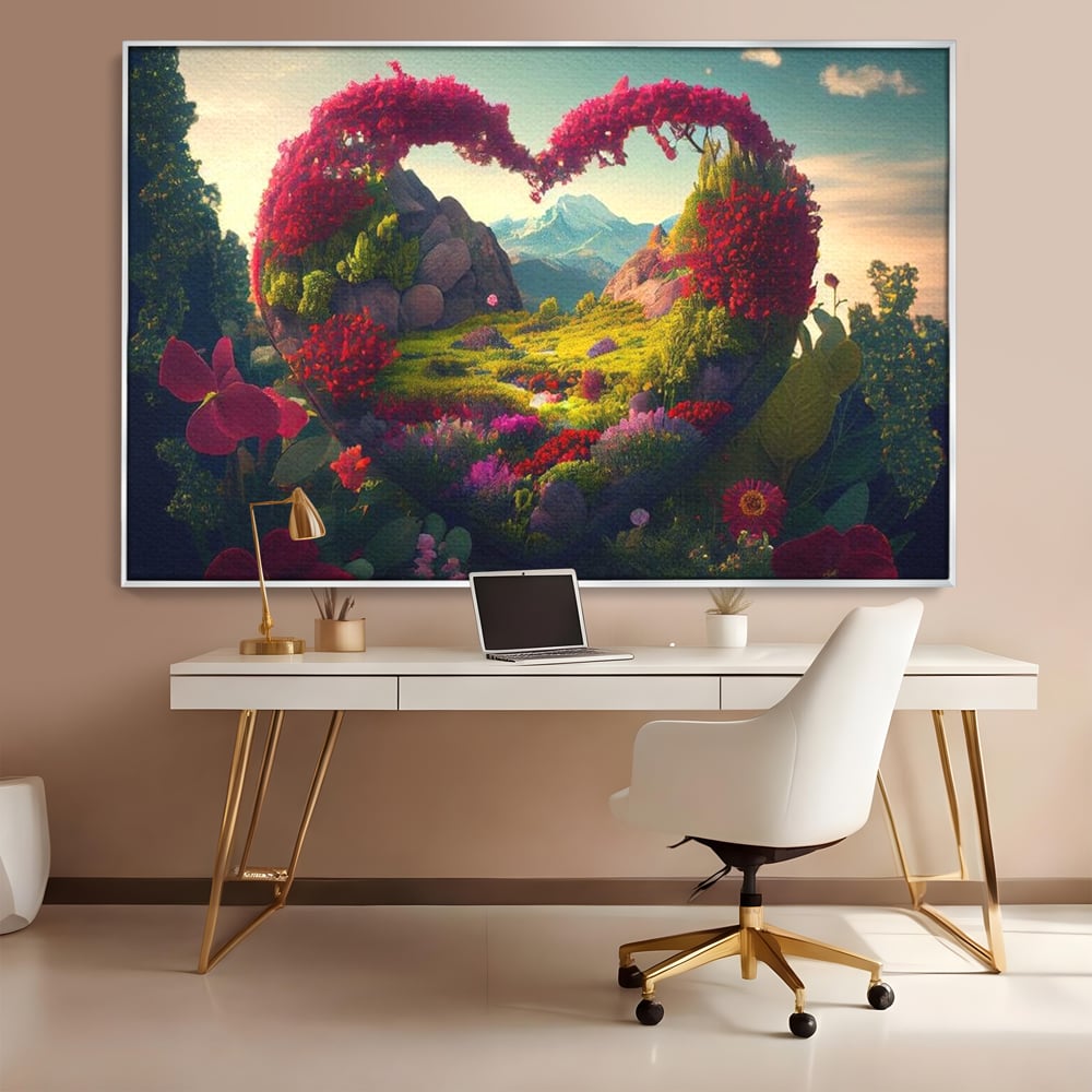 Tablou canvas cu ilustratie digitala peisaj in forma de inima, in rama de aluminiu argintiu, pe perete intr-un birou